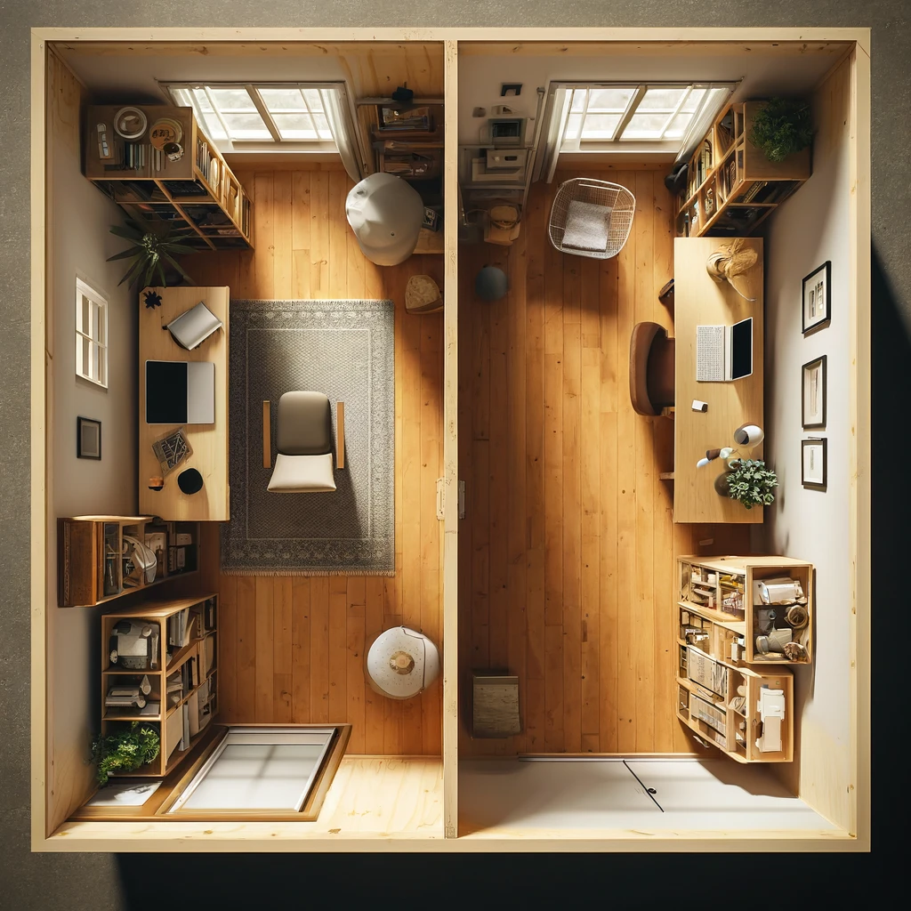 AI generated image of a birds-eye view of an office cut in half by a dividing wall.